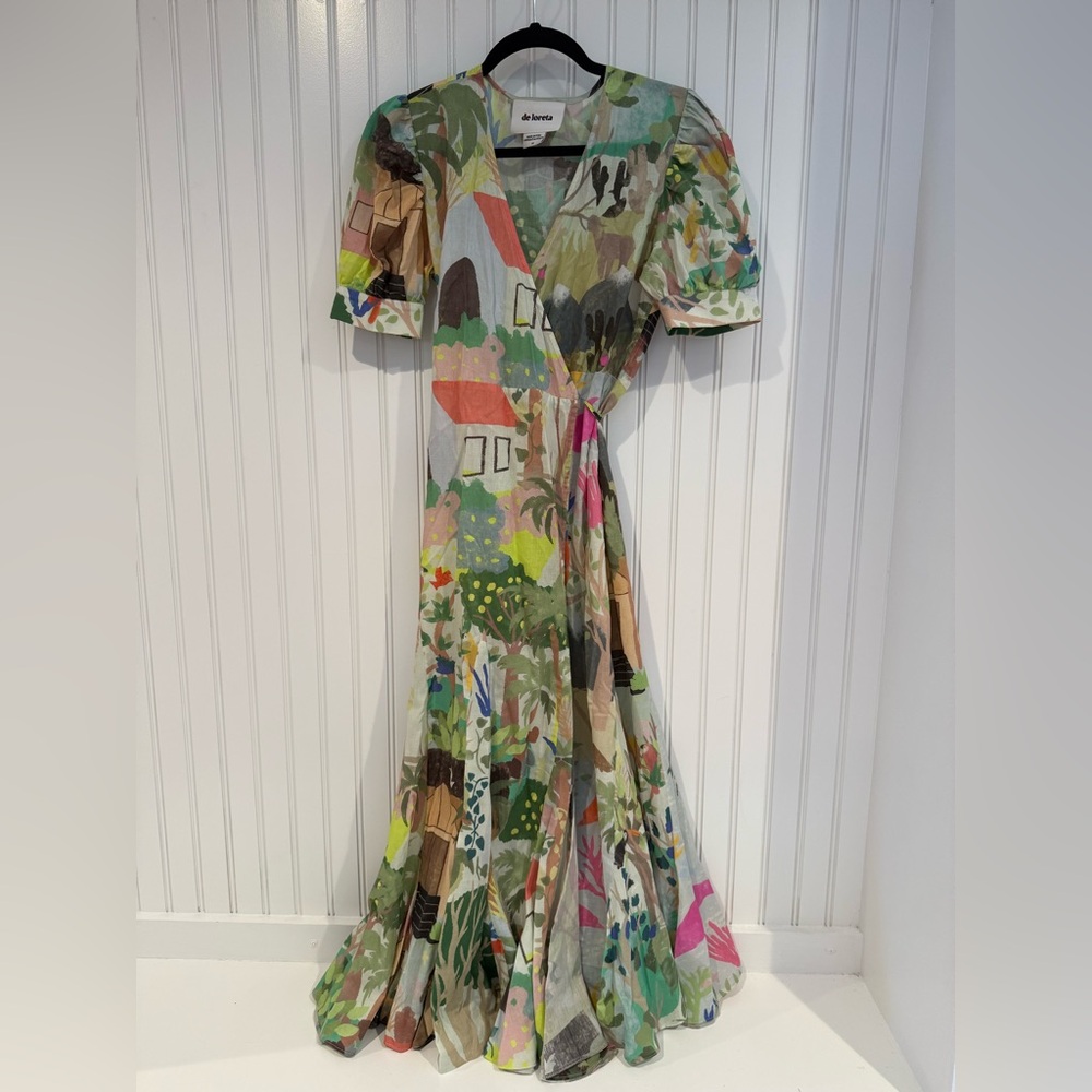 De Loreta Vibrant Green and Orange Puff Sleeve Dress